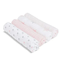 Aden + Anais Muslin Swaddle Doll, 4-Pack featuring rolled muslin swaddles in various pink and gray patterns.