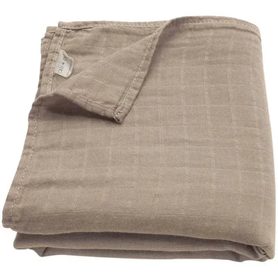 Taupe Ali + Oli muslin swaddle blanket, showcasing a soft, breathable fabric with a subtle plaid pattern.