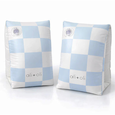 Inflatable swim arm bands in blue checkers design by Ali + Oli, featuring two air valves for easy inflation.