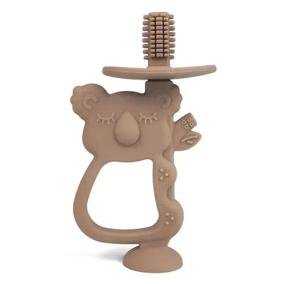 Taupe koala-shaped training toothbrush with a textured bristle top and handle for oral care in young children.