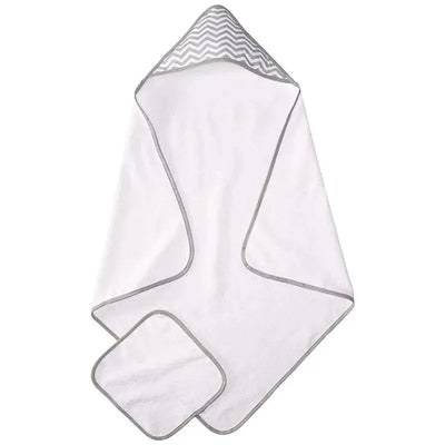 Terry hooded towel set in grey, featuring a chevron-patterned hood and accompanying washcloth.