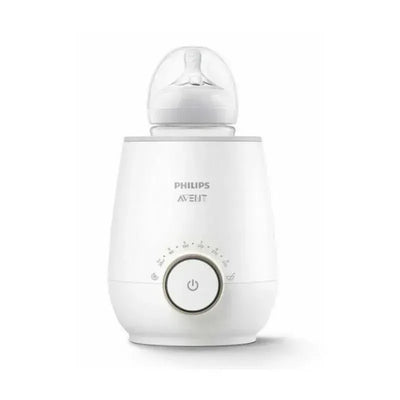 Philips Avent Fast Baby Bottle Warmer in white, featuring a temperature dial and a baby bottle with a nipple on top.