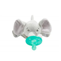 Gray plush elephant with large ears, featuring an attached green pacifier, designed for infants 0 months and older.