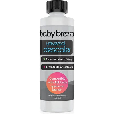 Baby Brezza universal descaler, 8 oz bottle, removes mineral build-up and extends appliance life, compatible with all brands.