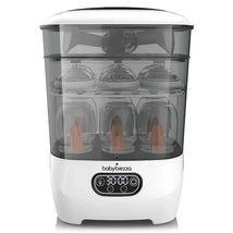 One Step Baby Bottle Sterilizer and Dryer by Baby Brezza, featuring a transparent container with six bottle compartments and control panel.