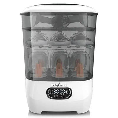 One Step Baby Bottle Sterilizer and Dryer by Baby Brezza, featuring a transparent container with six bottle compartments and control panel.