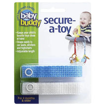 Secure A Toy Tether in blue and white, designed to keep baby toys close; features adjustable lengths for attachment to car seats or strollers.