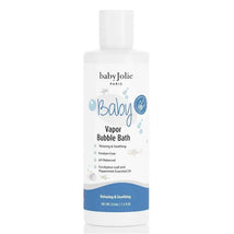 Baby Jolie Vapor Bubble Bath 7.5 Oz, featuring a white bottle with blue accents, highlights relaxing and soothing properties.
