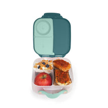 Bbox Mini Lunchbox in Emerald Forest, featuring compartments with an apple, yogurt with granola, and two pieces of salmon.
