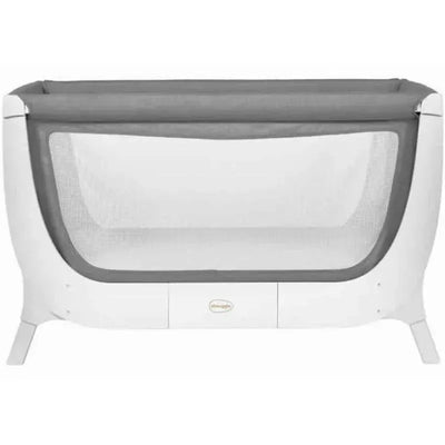 Beaba By Shnuggle Air full-size crib conversion kit in dove grey, featuring a mesh side and sturdy white base.