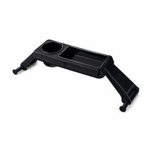 Deluxe black snack tray for single jogging strollers, featuring a cup holder and two storage compartments.