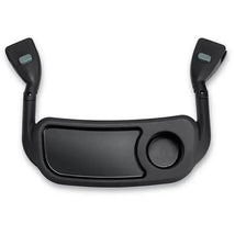 Black plastic snack tray with a cup holder and two side handles, designed for use with a seating arrangement.