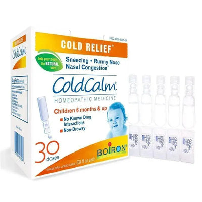 ColdCalm Baby Liquid Doses by Boiron in a box containing 30 doses, designed for children with cold symptoms.