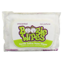 Boogie Wipes Unscented, 30 count package of gentle saline nose wipes, featuring a colorful design with cartoon characters.