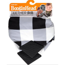 Adjustable bandana bibs in buffalo check pattern with attached silicone teether for gentle gum relief.