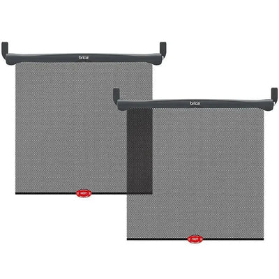 Two Brica sun safety car window roller shades, featuring mesh fabric, designed to block sunlight and heat.