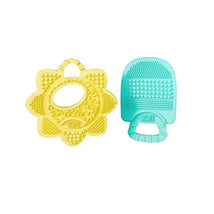 Two silicone teethers from Bright Starts: a yellow flower shape and a turquoise popsicle shape, designed for infants.