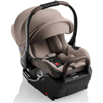 Romer Juni Infant Car Seat in Truffle color, featuring a removable canopy and padded harness for safety and comfort.