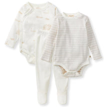 Burts Bees 3-pack bodysuit and pant set in eggshell featuring a patterned long-sleeve bodysuit, textured bodysuit, and pants.