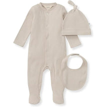 Burts Bees 3-pack set including a limestone-colored ribbed jumpsuit, hat, and bib for infants.