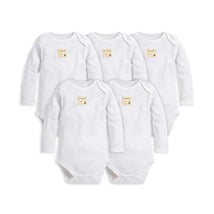 White long sleeve bodysuits in a 5-pack for preemies, featuring a small tan label on each.