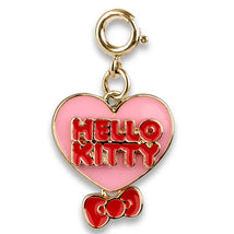 Gold classic Hello Kitty heart charm featuring pink enamel, red lettering, and a red bow at the bottom.