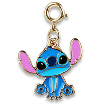 Gold swivel stitch charm featuring a colorful Stitch character from Disney, with blue body and pink ears.