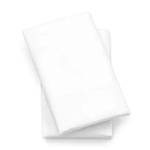Chicco 2 pack of white lullaby playard sheets, featuring soft fabric, neatly stacked for bedding use.
