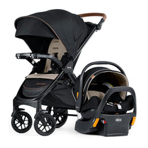 Chicco Bravo Primo ClearTex Trio Travel System in Somerset/Black, featuring a stroller and an infant car seat.