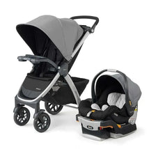Chicco Bravo Trio Travel System in Camden color featuring a stroller with a gray canopy and an infant car seat.