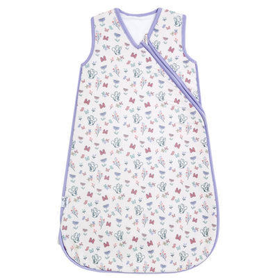 Premium 3-layer knit sleep bag featuring a floral pattern with Minnie Mouse motifs in pastel colors.