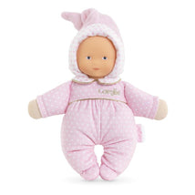 Babidoux Starry Dreams 8 doll by Corolle, features a pink outfit with a hood and a soft, smiling face.