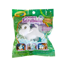 Crayola Scribble Scrubbie Safari set featuring a white pet figurine, scrub brush, and two washable markers in packaging.