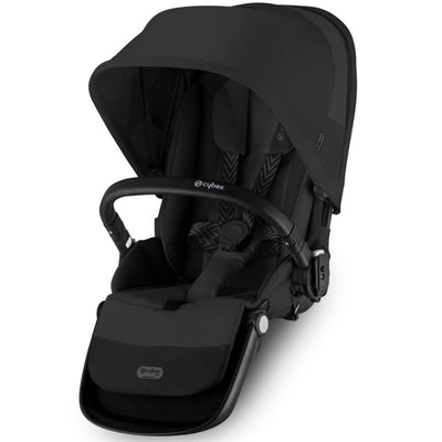 Cybex Gazelle S Second Seat in Moon Black with a black frame, featuring a padded seat and adjustable canopy.