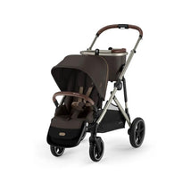 Cybex Gazelle S stroller features a taupe frame and chocolate brown seat, designed for single-to-double use.