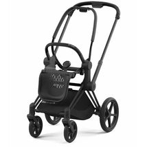 Cybex Priam 4 stroller frame in matte black, featuring a sleek design and adjustable handlebar.