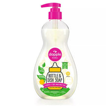 Dapple Baby Bottle & Dish Soap, 16.9 oz, in a white bottle with a pink pump, features citrus flavor and plant-based ingredients.