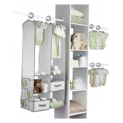 Dove grey nursery storage set featuring hanging clothes, shelves, and organization bins, designed for baby essentials.