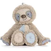 Stuffed sloth toy with a friendly face, textured fur, and colorful patchwork details, designed for cuddling and comfort.
