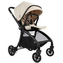 Cream-colored DFY R1 Single Stroller with a black frame, adjustable canopy, and safety harness, showcasing its compact design.