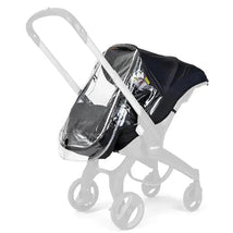 Doona rain cover attached to a Doona car seat stroller, featuring a clear protective shield and black fabric.