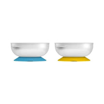 Two white suction bowls with non-slip bases, one blue and one yellow, designed for easy use by children.