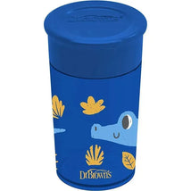 Blue training sippy cup by Dr. Brown, featuring cartoon crocodile design and colorful foliage graphics.