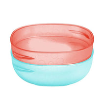 Two colorful plastic bowls, one red with a dot pattern and one light blue, designed for serving food.