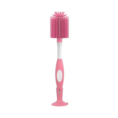 Soft Touch Bottle Brush in pink with a flexible head and a sturdy handle, designed for cleaning baby bottles.
