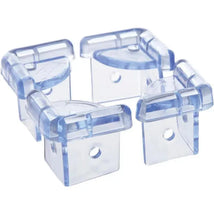 Clear corner cushions designed to prevent injuries by covering sharp furniture edges.
