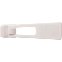 White refrigerator latch designed for child safety, featuring a sliding mechanism and a flat handle for easy use.