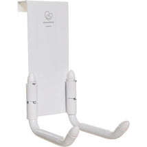 Over-the-door stroller hanger featuring two curved hooks, designed for storing strollers, in white finish.
