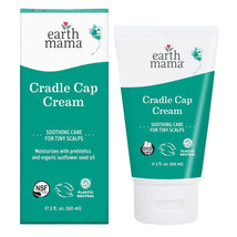 Earth Mama Cradle Cap Cream in a 2 fl. oz. tube, designed for soothing care of tiny scalps with prebiotics and sunflower seed oil.