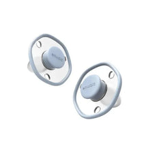 Two blue Emulait baby pacifiers with a soft, rounded design and a clear silicone nipple.